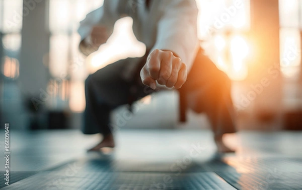 Fototapeta Close-up of a martial artist in traditional attire focusing on a strong punch. Sunlight filters through windows in the background.