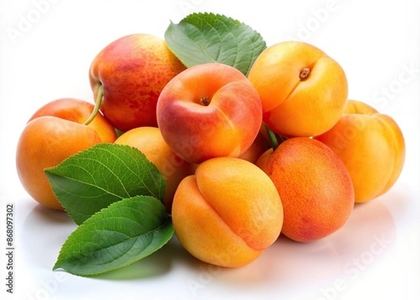 Fototapeta Vibrant orange ripe apricot fruits with subtle wrinkles and delicate green leaves isolated on a pure white background, showcasing natural beauty and freshness.