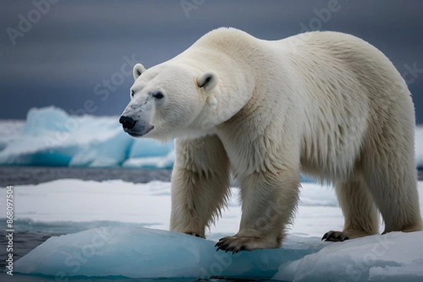 Fototapeta A close up of a polar bear with melting ice as an awareness of climate changes