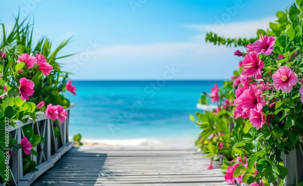 Fototapeta Hibiscus blooming on the wooden antique boardwalk to the ocean generated by AI