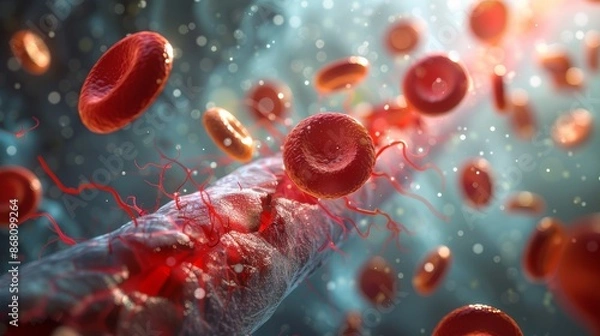 Fototapeta A microscopic view of red blood cells flowing through a blood vessel.