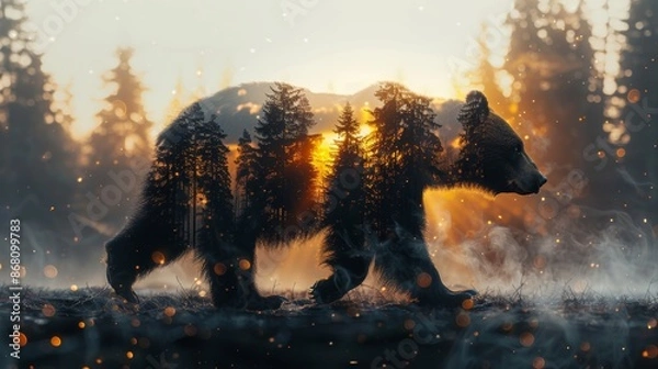 Obraz Silhouette of a bear with forest double exposure at sunrise, wildlife and nature concept