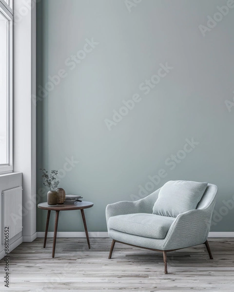 Fototapeta Minimalist living room interiors in turquoise color with minimal furniture and natural lighting.Interiors design composition concept image.