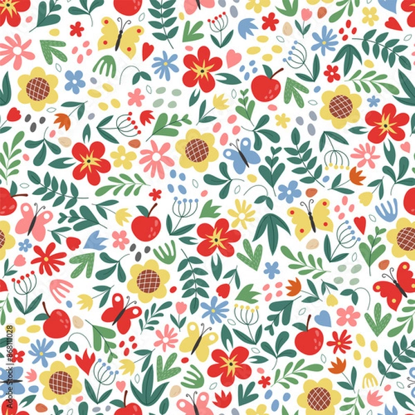 Fototapeta Cute flower pattern. Seamless texture. Spring summer girls background. Tiny leaves and bouquet. Decor textile, wrapping and wallpaper. Print for fabric. Cartoon vector botanical modern illustration