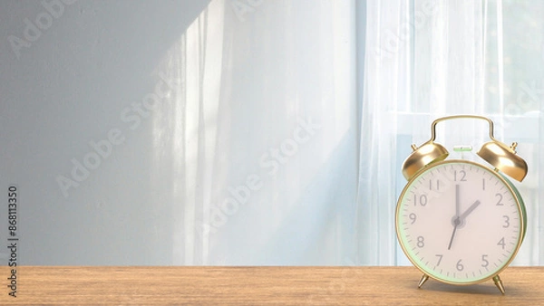 Fototapeta The clock on wood table in room image 3d rendering.
