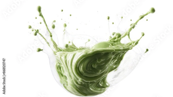 Fototapeta Green Milky falling matcha splash with bubble drops isolated on background, swirl of falling green liquid.