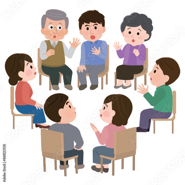 Fototapeta 輪になって話し合う複数の人々　怒る　自助グループ　会議　イラスト