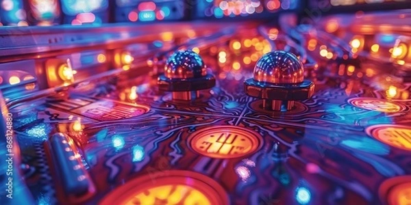 Fototapeta Vibrant Neon-Lit Retro Pinball Machine Arcade Game with Glowing Lights