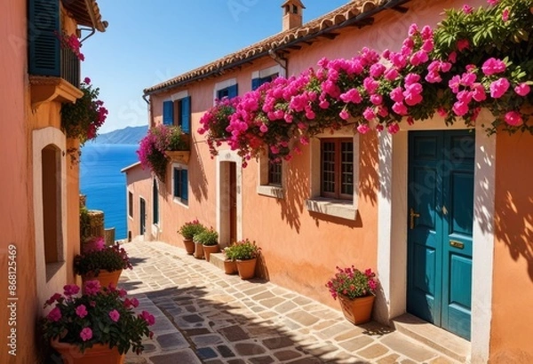Fototapeta charming alleyway leading to the sea, featuring rustic houses with terracotta roofs, walls draped in fuchsia flowers, and a panoramic ocean backdrop under bright sunlight.