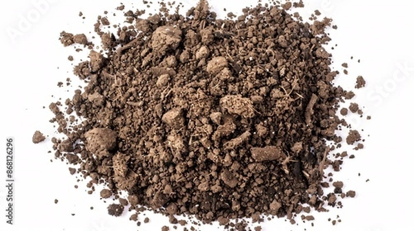 Obraz Detailed aerial view of rich garden soil, isolated on white, showing the fine texture and composition of the soil in high definition