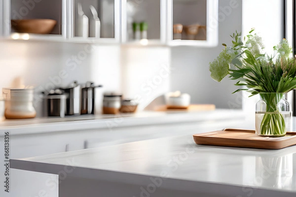 Fototapeta white table for display or product showcase with blurry modern kitchen background scene