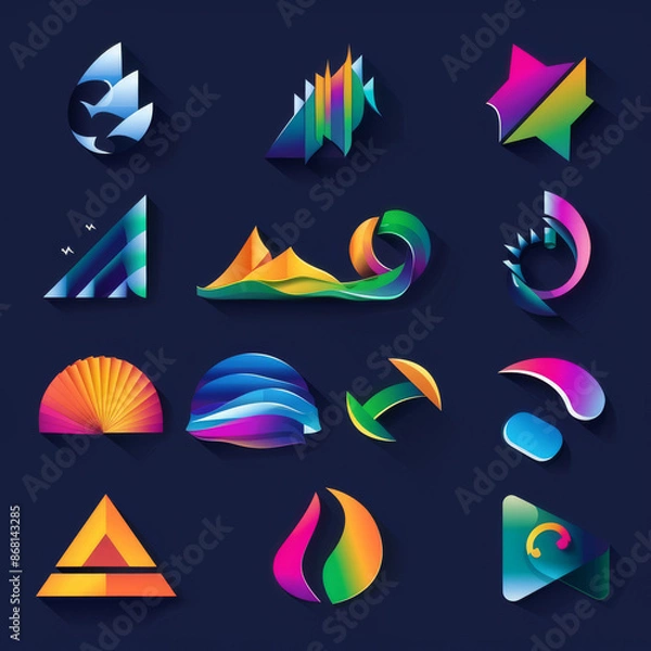 Fototapeta Set of abstract logos for business companies, featuring elements for corporate identity design. The collection includes colorful vector icons representing technology, eco, science, healthcare.