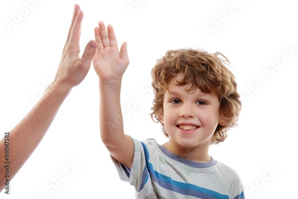 Fototapeta Smiling child giving a high five, demonstrating success, teamwork, and positive emotion. Isolated on a transparent background.