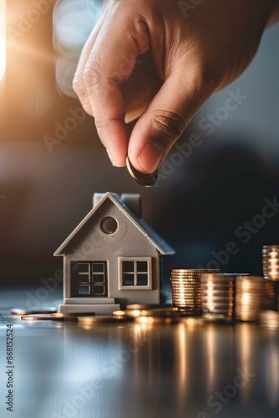 Fototapeta Saving money for a house. Hand putting coin into house model. Concept of real estate investment, mortgage, loan, financial planning, and property purchase.