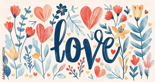 Fototapeta Painted word “love” on a background of hearts and flowers. Hand drawn doodles style. The concept for Valentine's day