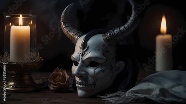 Fototapeta Magic composition with a white Demon mask, candles and other ritual accessories