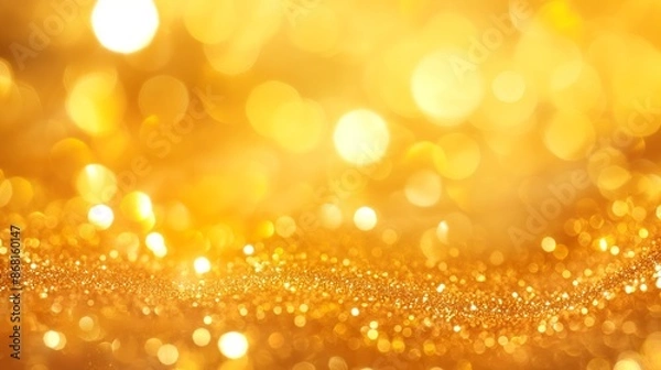 Fototapeta Abstract golden background with bokeh effect and shining defocused glitters. Festive gold texture for Christmas, New Year, birthday, celebration, greeting, victory, success, magic party.