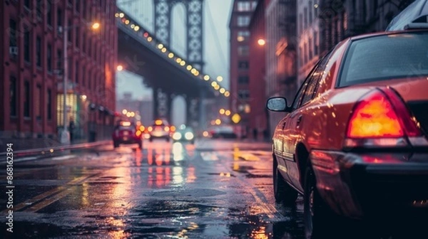 Fototapeta A rainy evening in a city with glowing streetlights, cars, and a bridge in the background, captured in an atmospheric urban setting.