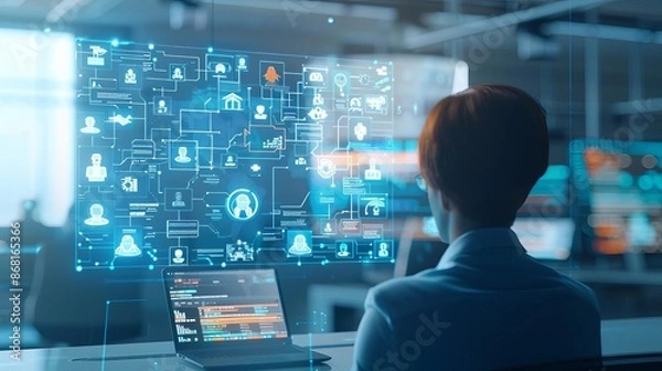 Fototapeta A digital selection process with recruiters using advanced software, high-tech office, professional team, streamlined workflow