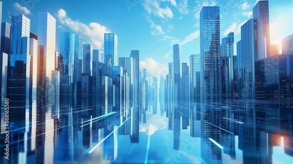 Fototapeta Modern skyscrapers of a smart city, futuristic financial district, graphic perspective of buildings and reflections - Architectural blue background for corporate and business brochure template