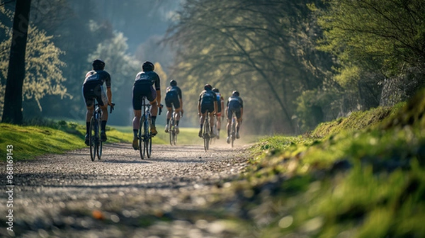 Fototapeta A group of athletes ride bicycles on a rough dirt path. view from behind