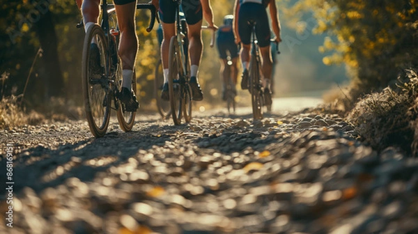 Fototapeta Group of athletes cycling on rough dirt path. Low angle view.