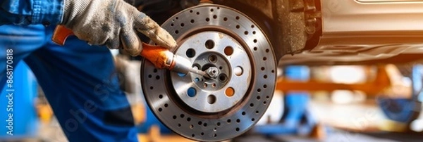 Obraz Professional auto service  mechanic replacing car brakes during routine maintenance
