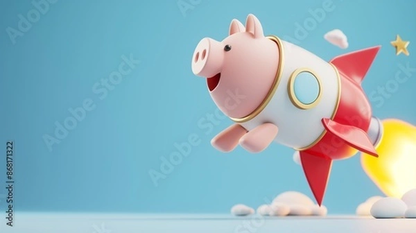 Fototapeta Piggy bank on a flying rocket on yellow. Financial, investing, savings and wealth management solution concept.