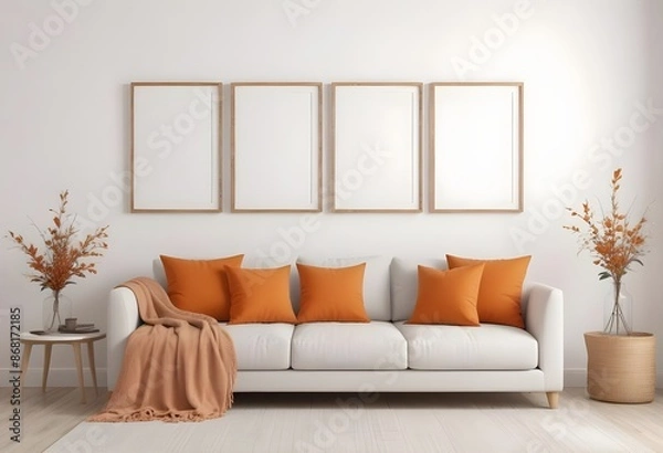 Fototapeta Four empty vertical picture frames in a modern living room with a white sofa, orange pillows, and plants.Generative AI
