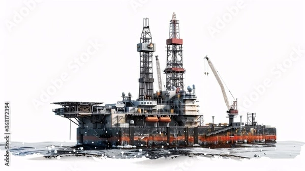Fototapeta High-resolution stock photo of an offshore drilling rig, isolated on a white background, featuring intricate details captured through focus stacking for a crisp and clear image