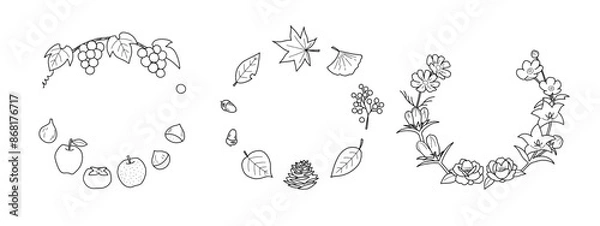 Fototapeta 秋の実り、紅葉、秋の花の飾り枠・手描き（線画のみ）