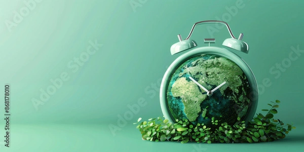 Fototapeta An alarm clock counting down to climate change. Set on a green background