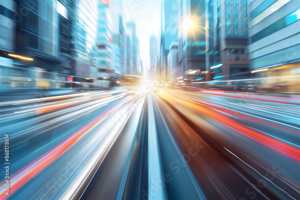 Fototapeta Abstract motion city with traffic. Light trails on the modern town city with skyscrappers at the background. Blurred in motion effect
