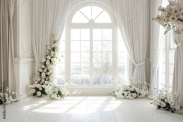 Fototapeta Background wedding with floral and the view outside from windows generative AI	
