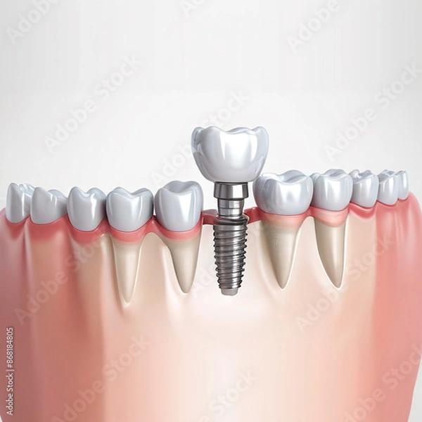 Fototapeta White dental implant. Dental implant. Implants can support a permanent single tooth crown, a multi-tooth bridge or even a full fixed denture. Generative AI
