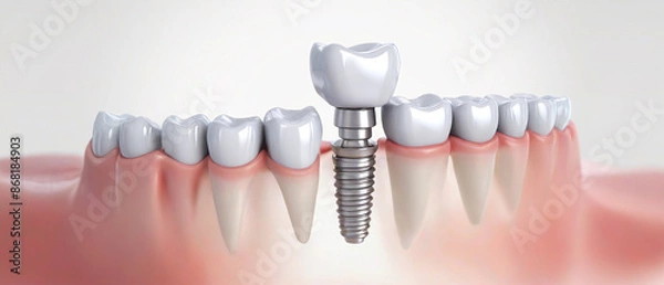 Fototapeta White dental implant. Dental implant. Implants can support a permanent single tooth crown, a multi-tooth bridge or even a full fixed denture. Generative AI