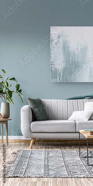 Fototapeta Minimalist living room interiors in turquoise color with minimal furniture, boho decor and natural lighting.Interiors design composition concept image.