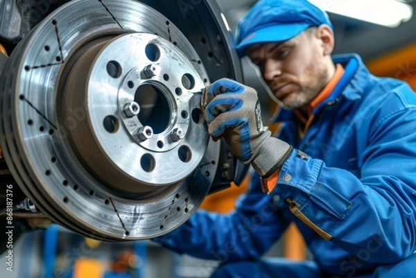 Fototapeta Auto maintenance  mechanic replacing brakes for improved vehicle safety and performance