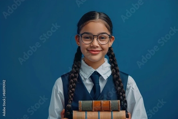 Fototapeta A teenage girl with braids and glasses, wearing a school uniform, holding a stack of books and smiling confidently against a solid navy blue background, representing academic excellence.