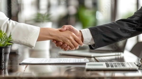 Obraz Professional handshake between business partners at the office table, conveying agreement, teamwork, and partnership with documents and laptop.