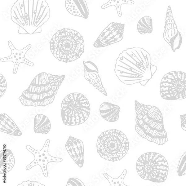 Fototapeta Sea bottom seamless pattern. Summer beach hand-drawn seaside vector print. Undersea world cartoon background with sea urchin, starfish, shell, coral. Seashore elements design for fabrics, wallpaper