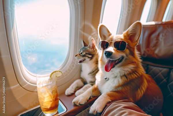 Fototapeta A dog and a cat are flying on a plane on vacation. Summer, sea, rest, vacation
