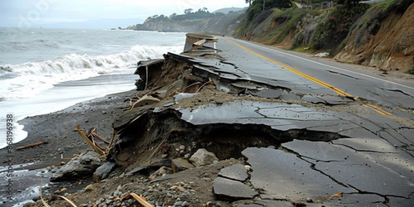 Fototapeta An eroded coastal road that has collapsed into the sea
