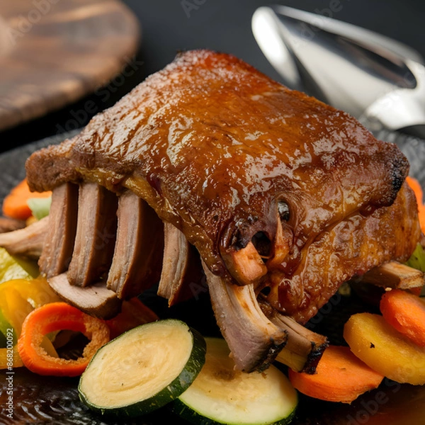 Obraz medium rare rib eye Steak full and slice close up