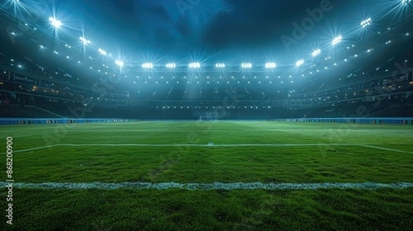 Fototapeta Illuminated Stadium Under Stormy Sky at Night with Empty Green Field