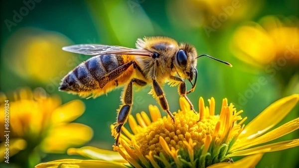 Fototapeta A close-up of a busy bee in mid-air, wings beating rapidly, collecting nectar from a vibrant yellow flower against a blurred green background.