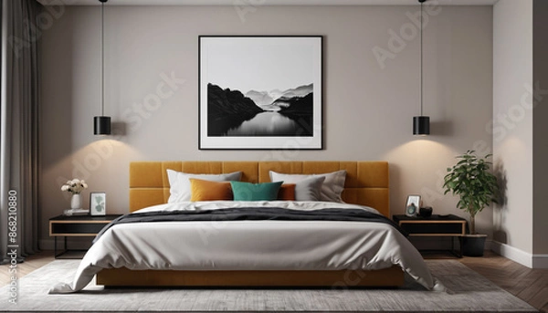 Obraz Contemporary bedroom wall mockup featuring sleek decor and comfortable furniture, offering a perfect setting for exploring various interior design possibilities, Generative AI