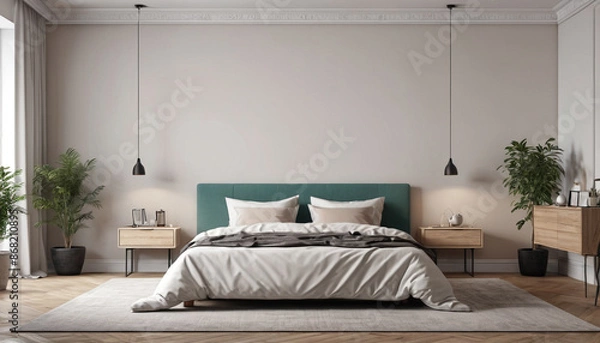 Fototapeta Elegant bedroom interior mockup with a blank wall, surrounded by minimalistic furniture and subtle decorative touches, ideal for visualizing various design concepts, Generative AI