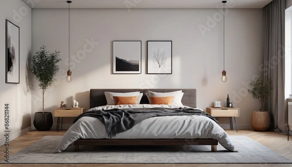 Fototapeta A minimalist bedroom featuring clean lines, simple furnishings, and a serene ambiance, creating a perfect retreat for rest and relaxation, Generative AI