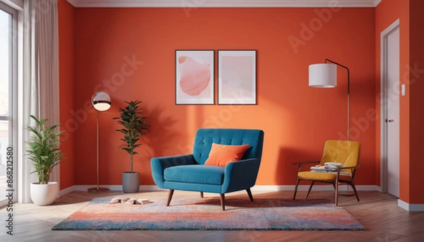 Fototapeta A standard sitting area in a compact flat with a single comfortable recliner, adorned in vibrant shades against an empty background, offering a cozy retreat for reading or relaxation, Generative AI